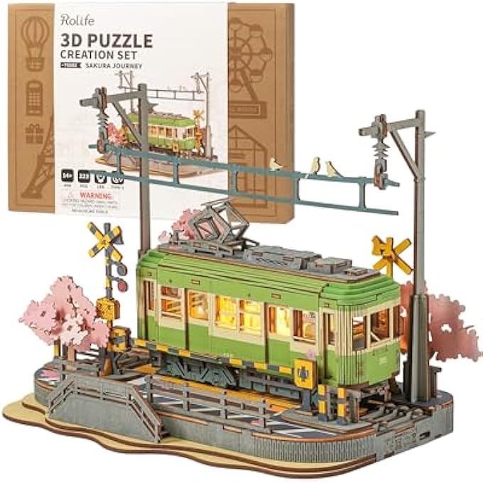 3D PUZZLE SAKURA TRAVEL WOODEN PUZZLES FOR ADULTS TO BUILD SAKURA DENSYA MODEL KITS WITH LED LIGHTS ANIMATION SCENE HOME DECORATION ROMANTIC BIRTHDAY GIFTS FOR HIM / HER - Image 1